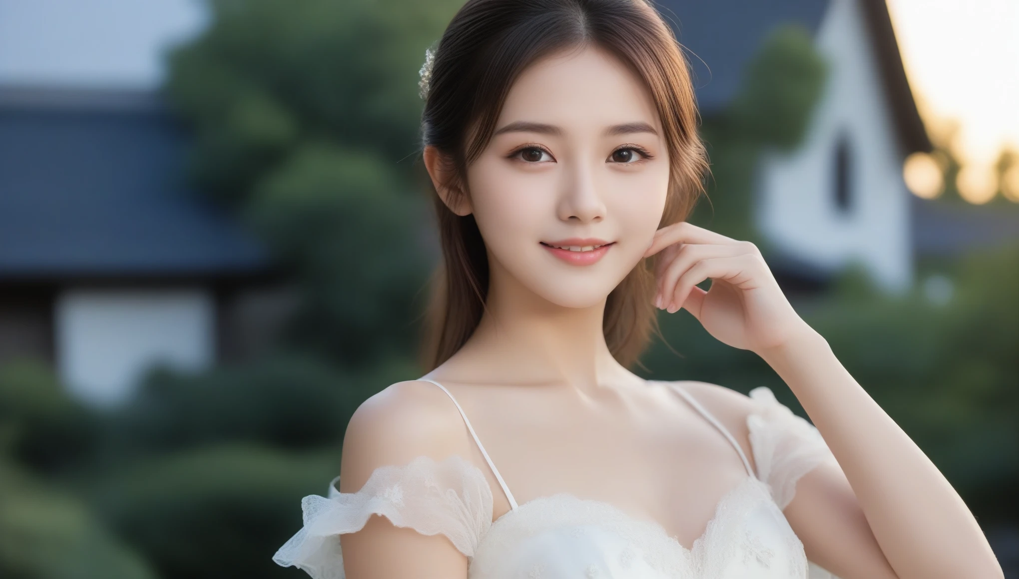 8k, Ultra-high resolution, highest quality, masterpiece, Surreal, photograph, 1 girl, (16 years old:1.3), pretty girl, Cute Face, Beautiful eyes in every detail, 細かくdetailedに,masterpiece,, One Girl:1.2, Japan Female Announcer, One beautiful woman, 美しい16 years oldの痩せた女性,She wears a wedding dress,Romantic sunset time、Illuminated by the evening lights of the church、Taking classical dance-like poses、Smile,  Her dark brown hair、Fine skin、(Cinema Lighting)、clavicle . 全身photograph.,Bold Pose,Looking at the audience、beauty,Long neck、Laugh a little、Please close your mouth and laugh、(((Ideal body type))),A cup small breasts :2,、Portraiture:2、Perfect Anatomy、鮮明なdetailed、detailed、Surreal、Light and shadow,Strong light,Fashion magazine cover,Thin lips