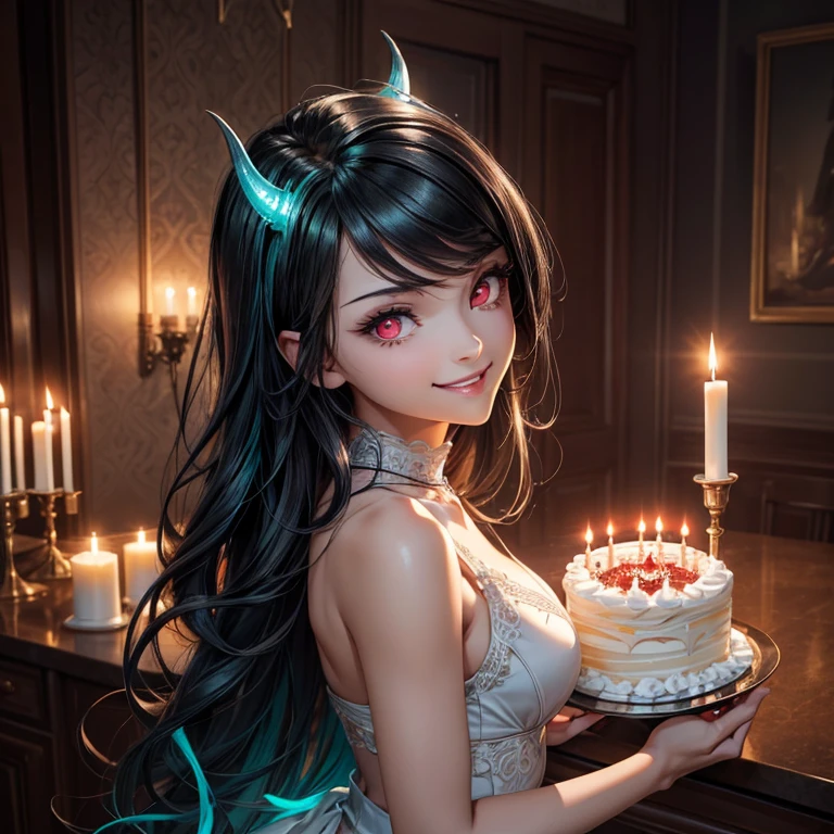 Masterpiece, best quality, best illustration, HDR, ultra details, intricate details, detailed scenery, dramatic light, best shadow, full body, ultra wide photo. 1 Girl wearing sexy seductive white dress, dark decoration style kitchen background, dynamic angle, blowing candles on a cake, dim candle light, Eating cakes, nightcore, Danganronpa digital art, (((smiling evil))), Horror style (theme), Girl has (teal black hair), (beautiful and detailed red eyes), (beautiful and detailed face with perfect symmetry), (body with perfect anatomy, perfect natural texture, high details, glowing skin).