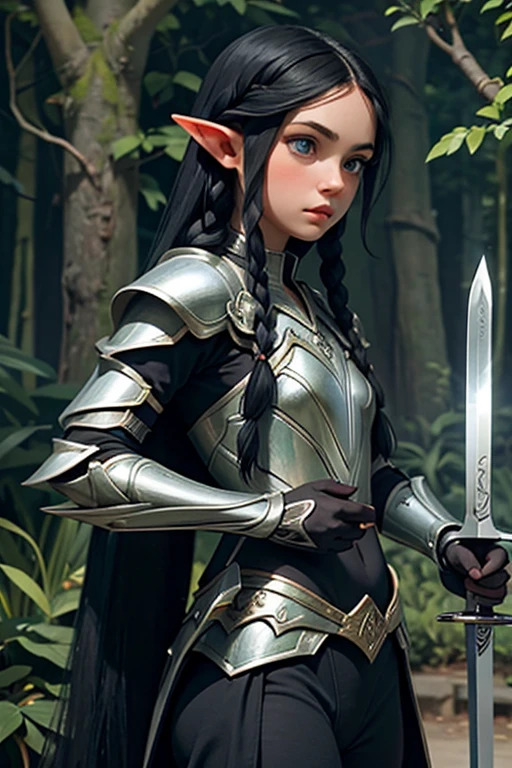 1 elf female,long silky black hair in braids,orelhas pontudas,olhos azuis, thin lips,rosto redondo,seios enormes, quadris largos,wearing light elven battle armor and always with a thin-bladed sword in his hands.estilo coquete e melindrosa 