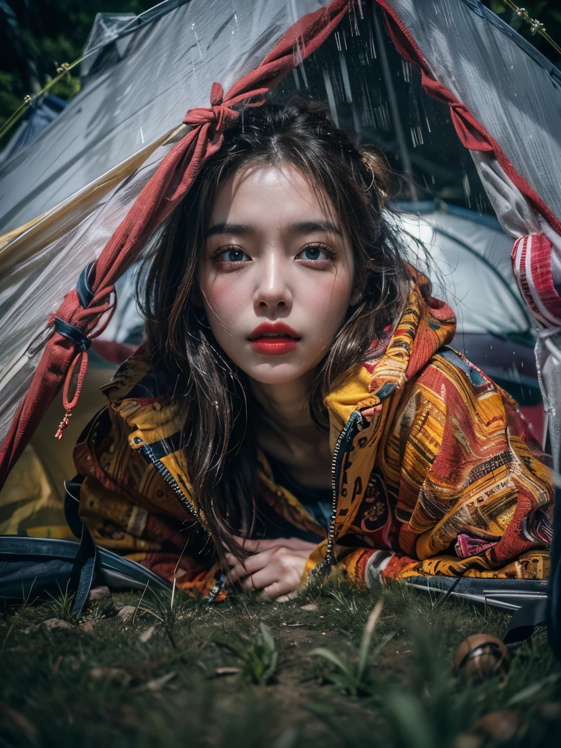 (A young and extremely beautiful woman emerges from a tent:1.5)、Outdoor camping in the rain、heavy rain、Pouring rain、motion blur effect、Beautiful detailed eyes、Beautiful detailed lips、Highly detailed eyes and face、Long eyelashes、Detailed camping equipment、Wet grass、raindrop、Cloudy、Long Shot、Moody lighting、atmosphere、Natural Tone、Cinematic、8K、high quality、masterpiece、Photorealistic