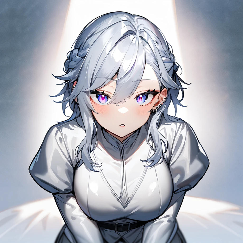 1girl,half updo braid,silvery white
androgynous,piercing,facing viewer,looking at viewer,shiny hair,slit pupil,sideburns,big breast,cowboy shot