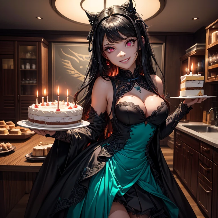 1 Girl wearing sexy seductive white dress, dark decoration style kitchen background, dynamic angle, blowing candles on a cake, dim candle light, Eating cakes, nightcore, Danganronpa digital art, (((smiling evil))), Horror style (theme), Girl has (teal black hair), (beautiful and detailed red eyes), (beautiful and detailed face with perfect symmetry), (body with perfect anatomy, perfect natural texture, high details, glowing skin). Masterpiece, best quality, best illustration, HDR, ultra details, intricate details, detailed scenery, dramatic light, best shadow, full body, ultra wide shot