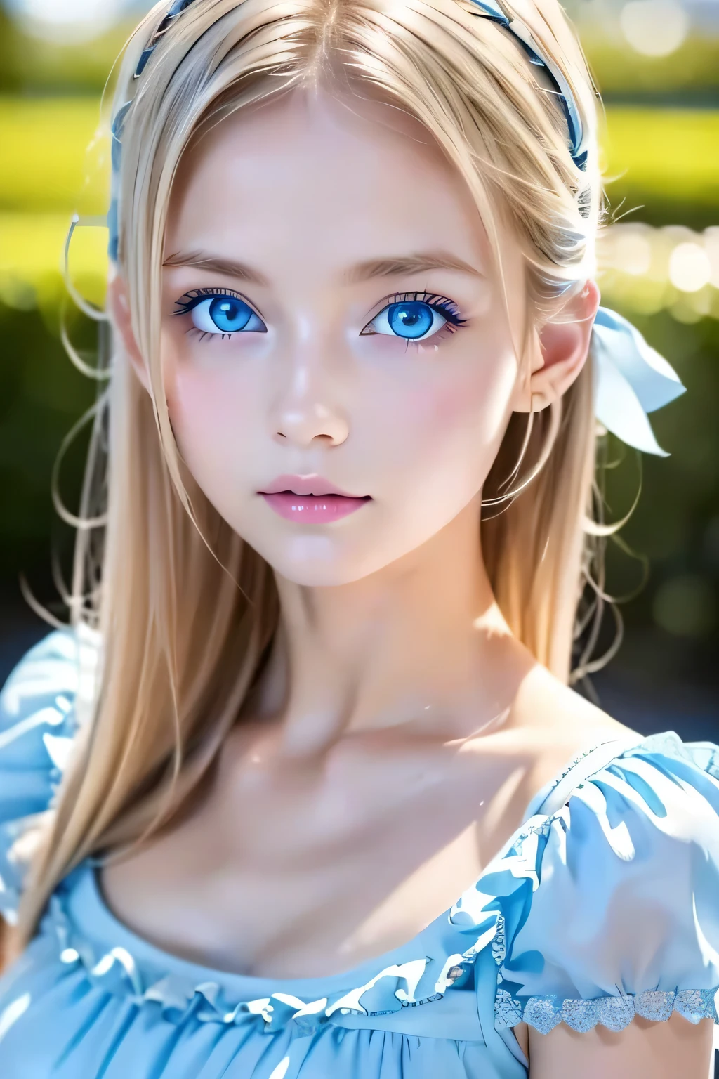 (Ultra-detailed), Cute light blue princess dress,(Frill dress),(Short sleeve),blue eyes,Upper Body、Close-up、face、Cute smile,Facing forward, 20-year-old, Teenage Girl,No tail,(No tail),2D, masterpiece, highest quality, And soul, Detailed Eyes, Big, bright, light blue eyes that shine beautifully、Detailed face, With a girl, Only one person,Blonde super long hair, (Blonde),  Ear hair, , Single Blade, (Single Blade), (Side Blade), Pink ribbon, Ribbon on neck, (White sleeves), Background bokeh