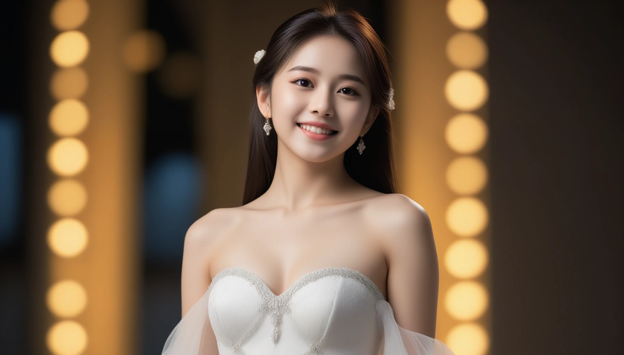 8k, Ultra-high resolution, highest quality, masterpiece, Surreal, photograph, 1 girl, (:1.3), pretty girl, Cute Face, Beautiful eyes in every detail, 細かくdetailedに,masterpiece,, One Girl:1.2, Japan Female Announcer, One beautiful woman, 美しい16 years oldの痩せた女性,She wears a wedding dress,Romantic sunset time、Illuminated by the evening lights of the church、Taking classical dance-like poses、Smile, Her dark brown hair、Fine skin、(Cinema Lighting)、clavicle . 全身photograph.,Bold Pose,Looking at the audience、beauty,Long neck、Laugh a little、Please close your mouth and laugh、(((Ideal body type))),A cup small breasts :2,、Portraiture:2、Perfect Anatomy、鮮明なdetailed、detailed、Surreal、Light and shadow,Strong light,Fashion magazine cover,Thin lips