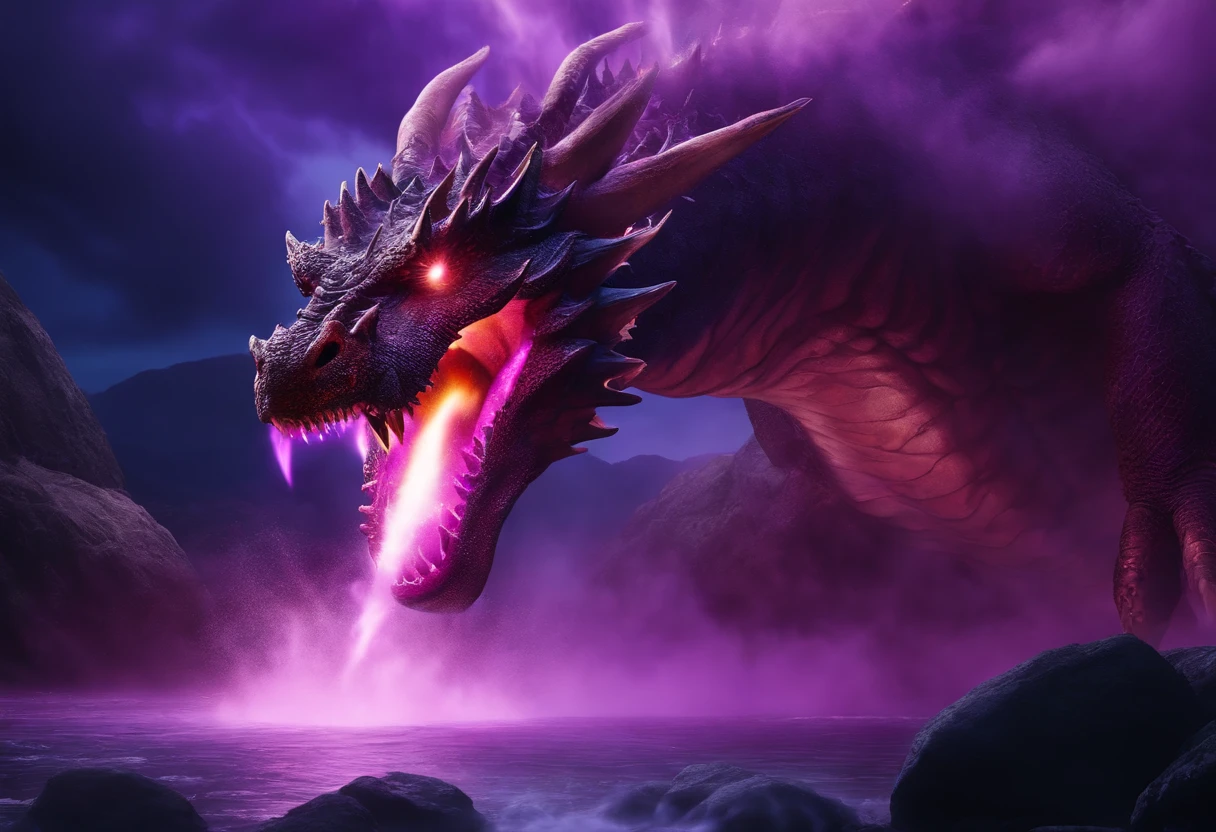 The giant thermal dragon opens its mouth, with ((big purple ball of light) in its mouth), looking at the front (close-up of head), water mist (purple), rocks, night (multiple lightning spots), whole body (multiple (where lightning strikes),,