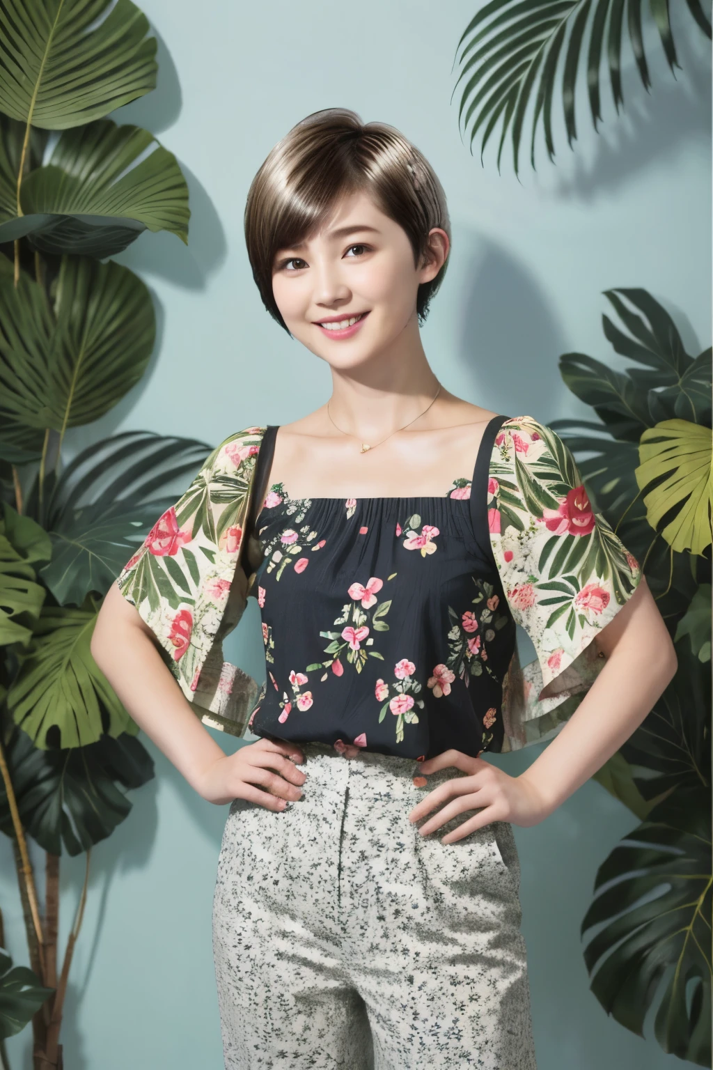 231 (18-year-old female,Floral clothes), ((short hair:1.46)), (Pants Style), (A kind smile), (Jungle Pattern)