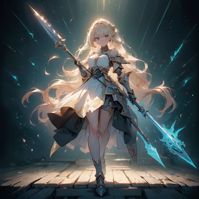 Design a layout showcase Gaming character, (1girl). Golden+Purle clothes, stylish and unique, ((showcase weapon:1.4)), magic staff, (masterpiece:1.2), (best quality), 4k, ultra-detailed, (Step by step design, layout art:1.5), (luminous lighting, atmospheric lighting), magican, ((glove full hands)), (((revealing clothes:1.3))), vambraces, armored legwear, (((full_body_shot:1.4)))
