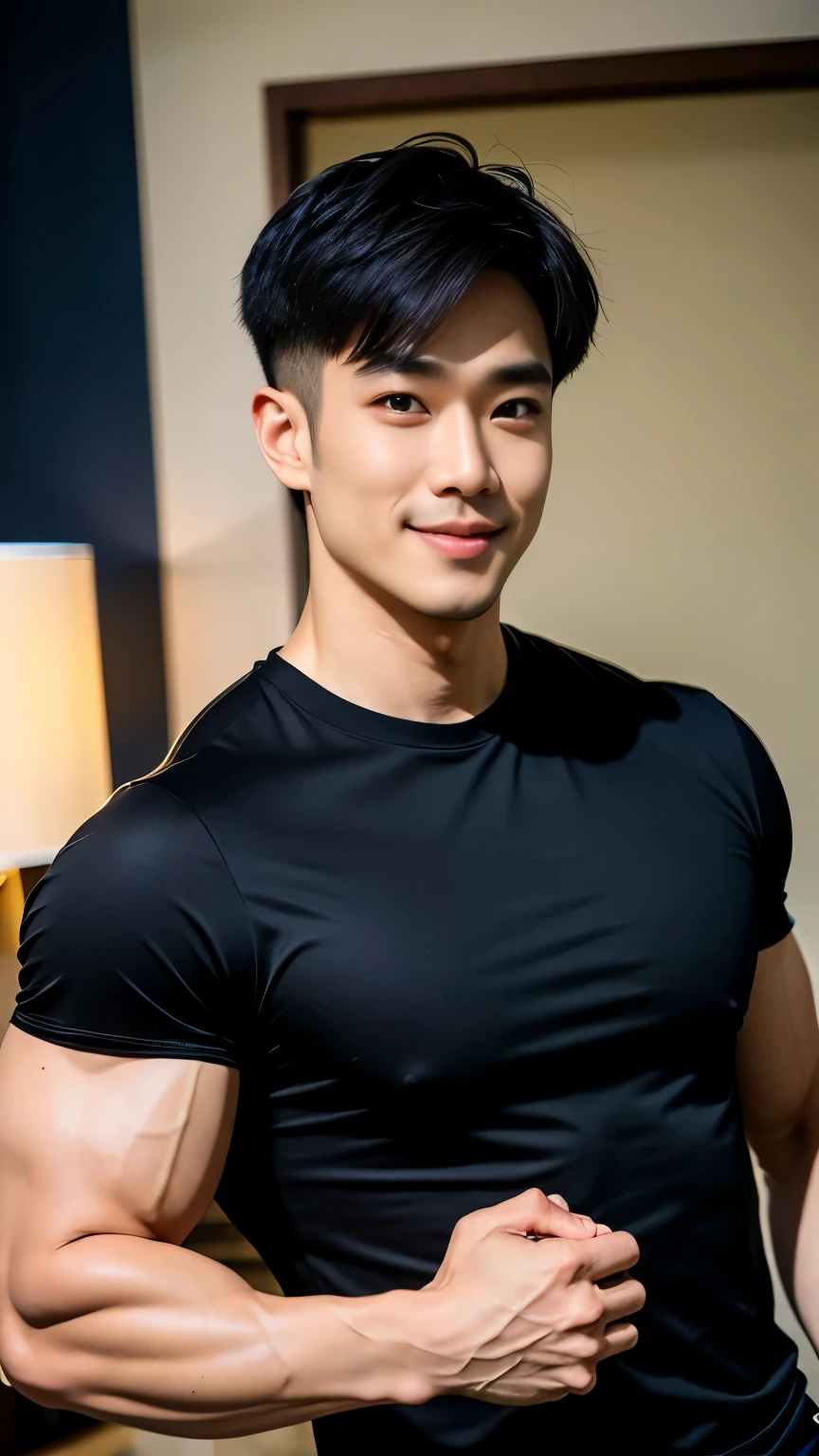 1 man, handsome , smile, (halter neck t-shirt , black shirt only ,Short sleeve shirt), black sweatpants, Korean guy, chest muscles, large arm muscles, blood vessel, Big muscles, Broad shoulders, looking at the audience, Balancing the eyes, (in modern house:1.3)