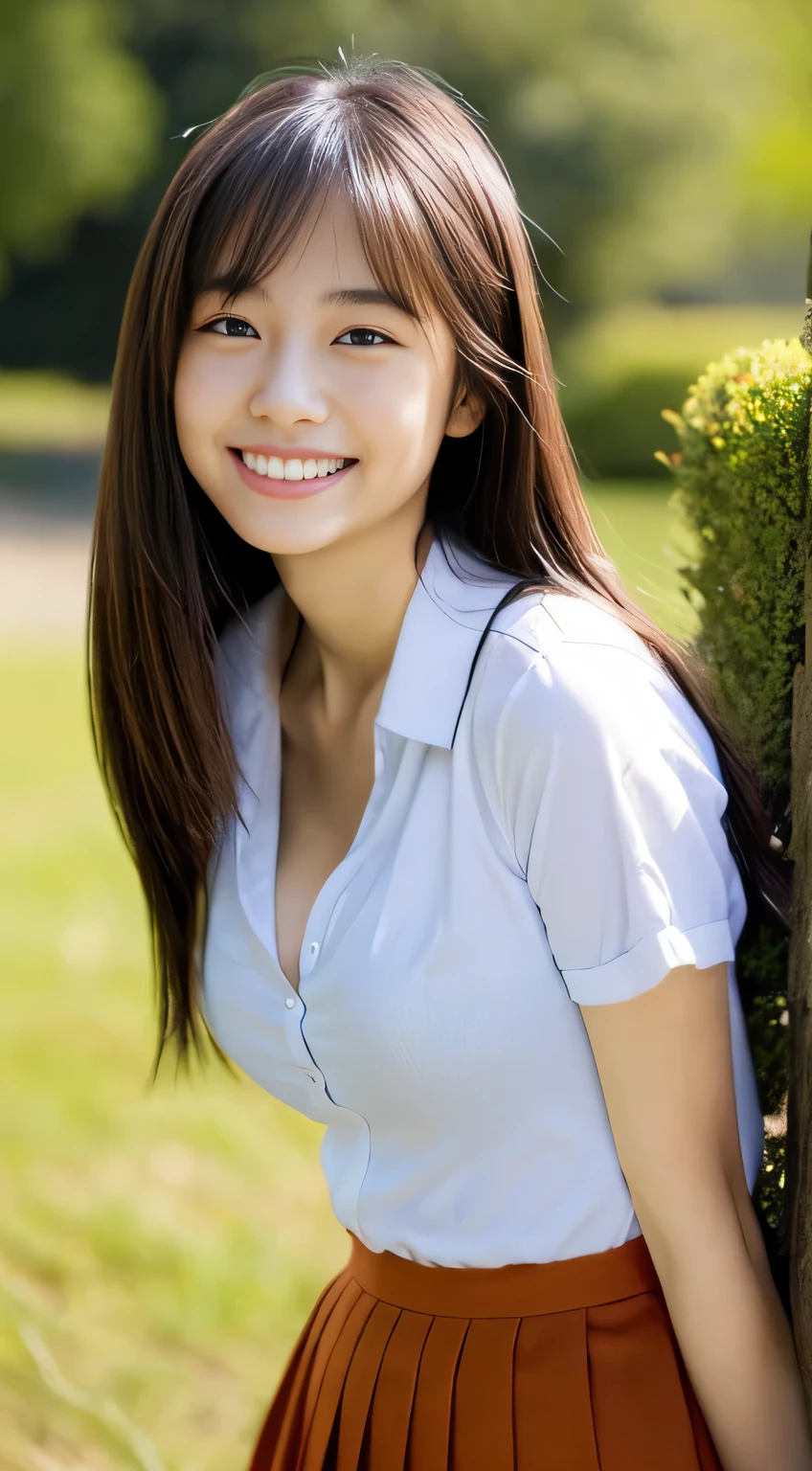 Japanese schoolgirl),((Beautiful girl)),cleavage,the expression imagining what feels good:1.2,(perfect body beauty:1.2),((perfect body)),(shy smile),beautiful teeth,