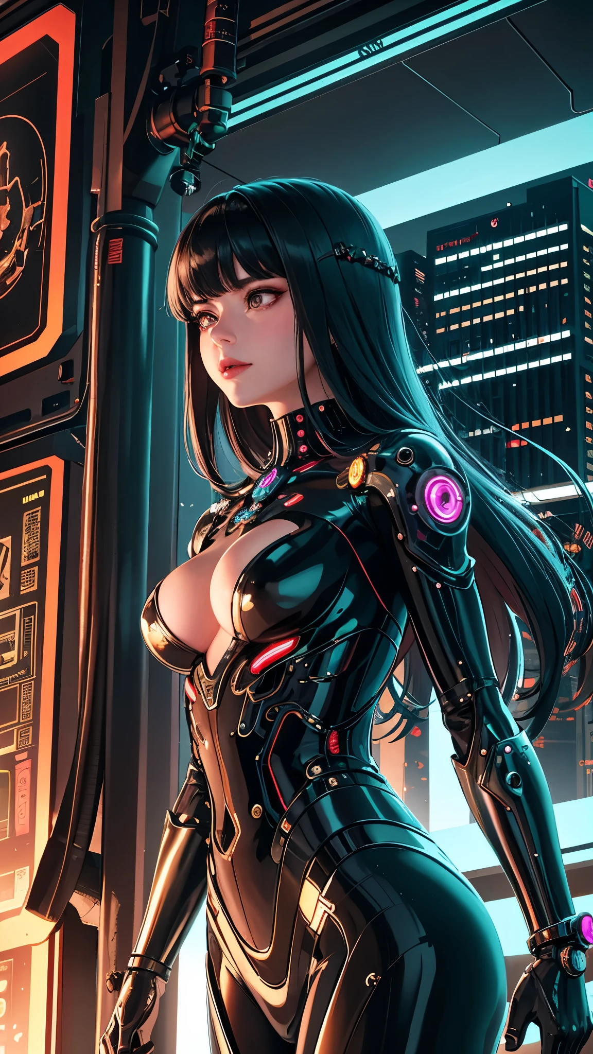 Atomic Heart, Mechanical Girl, adorned with a glass mask that meticulously covers her entire face, showcasing a shiny, sleek metal skin that echoes the intricate mechanical body parts hidden beneath. Her body, a marvel of cybernetic engineering, is adorned with mechanical gears and cogs, spinning and humming with the precision of a well-oiled machine. This scene unfolds in a Cyberpunk-style background, set against a science fiction art style backdrop, awash with vibrant colors and ultra-detailed designs. The lighting effects are realistic and immersive, casting long, dramatic shadows and producing mesmerizing bokeh as the light dances through the