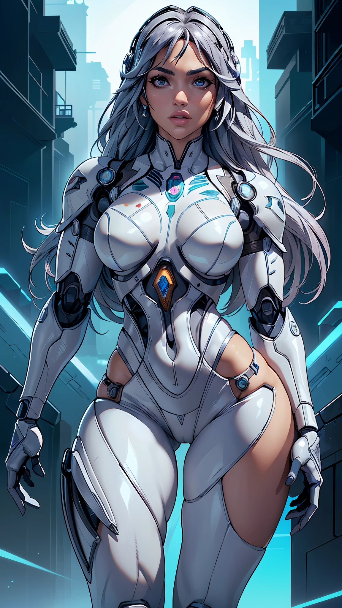 (La mejor calidad,A high resolution,Ultra - detallado,actual),jennifer lopez cyborg white mechanic, (Cabello largo white :1.4 ) ,(Fondo de ruinas de mazmorra en ruinas cyberpunk :1.4 ), More detailed 8K.motor irreal:1.4,UHD,La mejor calidad:1.4, fotorrealista:1.4, textura de la piel:1.4, obra maestra:1.8,obra-prima, mejor calidad,objeto Objeto], (detailed face features:1.3),(Las proporciones correctas),(Ojos hermosos azules),  (pose vaquero),( jennifer lopez:1.4), (jennifer lopez V2.1), (cyborg white transparent plastic :1.4), (white tight latex suit Fallout 4 :1.4 ), (perfect anatomy :1.4), (cyborg robot plastic mecánico white:1.4), (Mechanical aura, Mechanical arm, Gray hair, Long hair, ceramic body:1.4) 