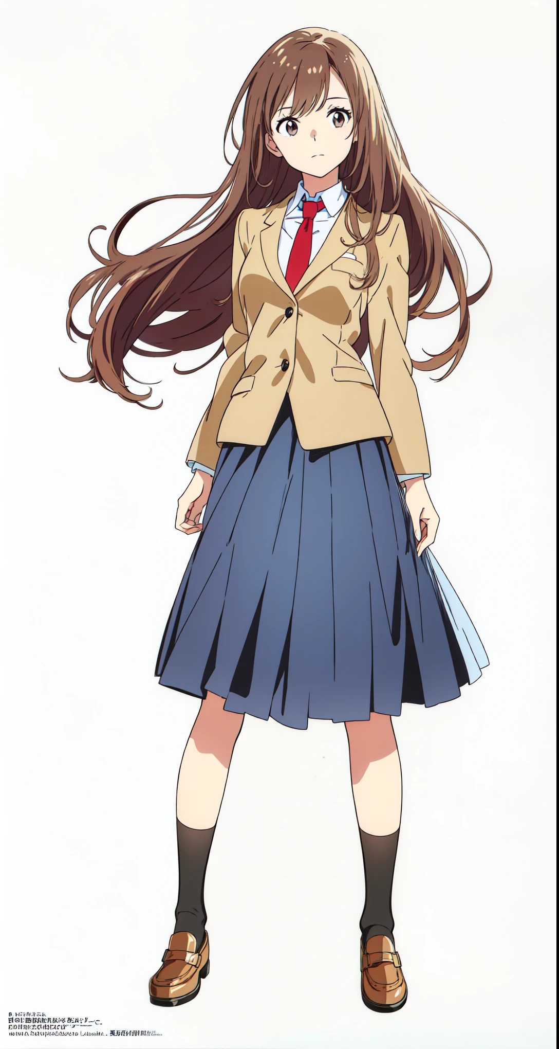 (white background:1.0), (best quality:1.0), (masterpiece:1.0), (super fine illustration:1.0), (beautiful artwork:1.0), (anime screencap:1.0), (official art:1.0), (full body:1.0), (solo:1.0), (HSGα:1.0), (a 18yo cute girl:1.0), (long skirt:1.25), (dark blue skirt:1.0), (pleated skirt:1.0), (school uniform beige blazer:1.0), (red necktie:1.0), (loafers:1.0), (black socks:1.0), (ideal ratio body proportions:1.2), (lanky:1.2), (tall:1.2), (slender:1.2), (small breasts:1.2), (smaller face:1.2), (tareme:1.0), (detailed beautiful eyes:1.0), (detailed beautiful face:1.0), (glowing black eyes:1.0), (long hair:1.0), (brown hair:1.0), (standing:1.0), (looking at viewer:1.0)