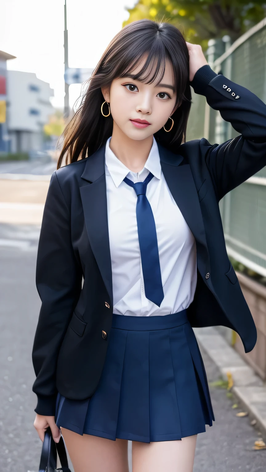 Mix 4, (16K, Raw photo, Best image quality, masterpiece: 1.45), (Realistic, Photorealistic: 1.37), One Girl, cute, Big Breasts,Cityscape,, Professional Lighting, Photon Mapping, School classroom, Physically Based Rendering, Dark brown hair,Ponytail hairstyle, Beautiful, well-groomed eyes、((double eyelid))、Super cute girl, (((school uniform、blazer、Long-sleeved shirts worn by Japanese high school girls、Ribbon tie、Dark blue mini skirt,、Dark blue socks、Black Loafers))), Highest quality photos, High resolution, 1080p, (Clear Face), (Detailed face description), (Detailed hand description), (masterpiece), (Exquisite CGI)、Extreme light and shadow、Disheveled Hair、masterpiece、Rich details、(Beautiful Faces)、(Highest quality photoasseter muscle area)、(Detailed eyes)、Look in front of you、Thin clavicle、((Slim and large))、(((Japanese female students are wearing jackets and long-sleeved shirts)))、((Pure Idol))、((school gate、Schoolyard、School building in the background))、(Shot from random perspectives)、(((Anyway, cute)))、Earrings、Big smile、Drawing the whole body from the knees、No nasolabial folds、(((Sports bags used by Japanese female students)))、(Large saggy breasts:1.2)、Firm big ass、Two arms and two legs、(((from the front:0.7)))、bare hands、(((Symmetrical eyes)))、Standing pose、Place your hands on the desk、Please do not remove the tie from the jacket、Keep your butt up:1.5,Naked:1.5,