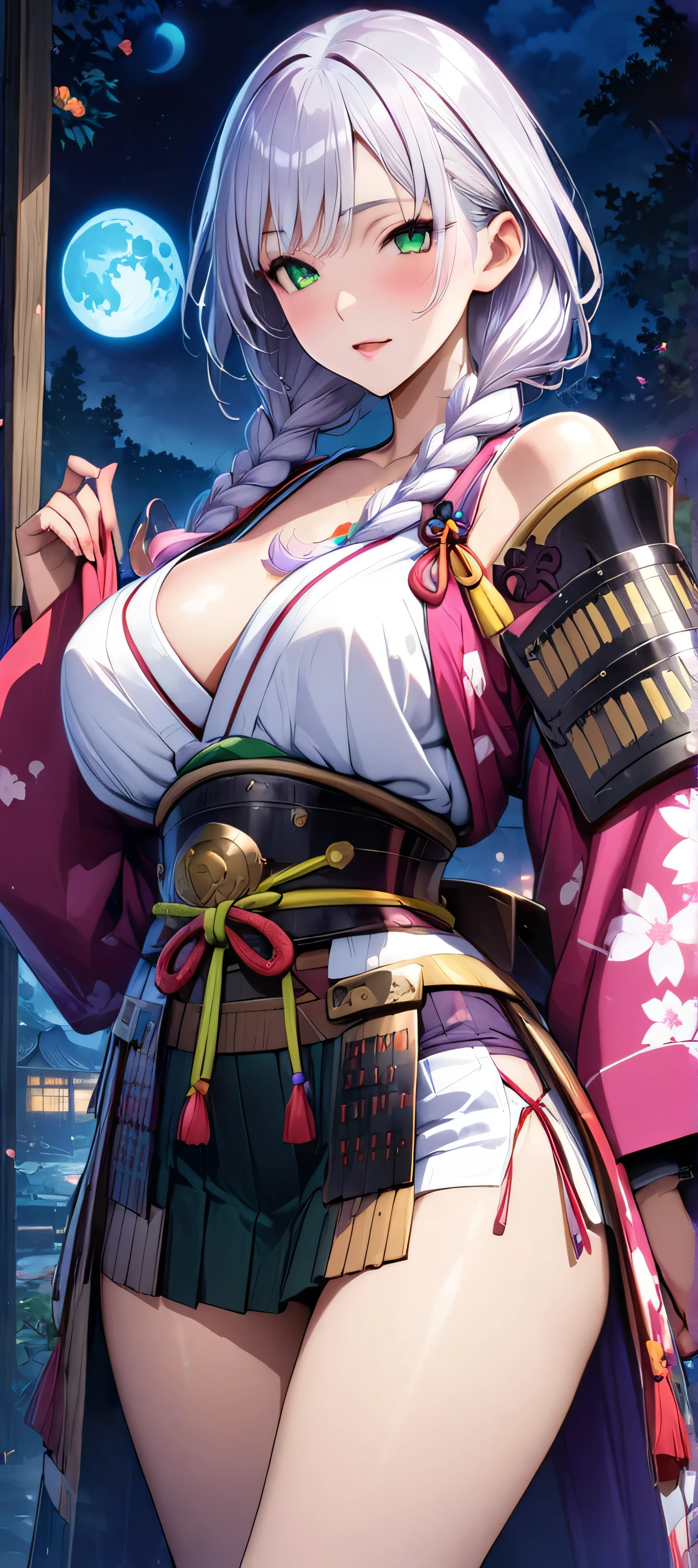 (masutepiece, of the highest quality, Best Quality, Official art, Beautiful and aesthetic:1.2), Extremely detailed,(Colorful:1.1),highest details, one arafed woman with braids white hair and pink tips and green eyes, big breast, sfw, japanese armor, night, blue moon
