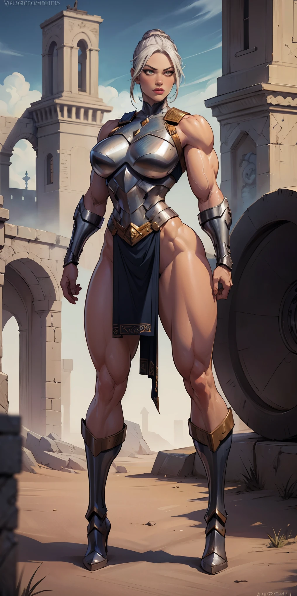 full body standing symmetrical beautiful woman, hyper realistic, 1girl, Asgard, Valkyrie, Lady Knight, correct anatomy, epic fantasy digital art, tmasterpiece, 8k, high definition resolution, detailed drawing, superior quality, epic composition, muscular body, muscular turned arms behind body