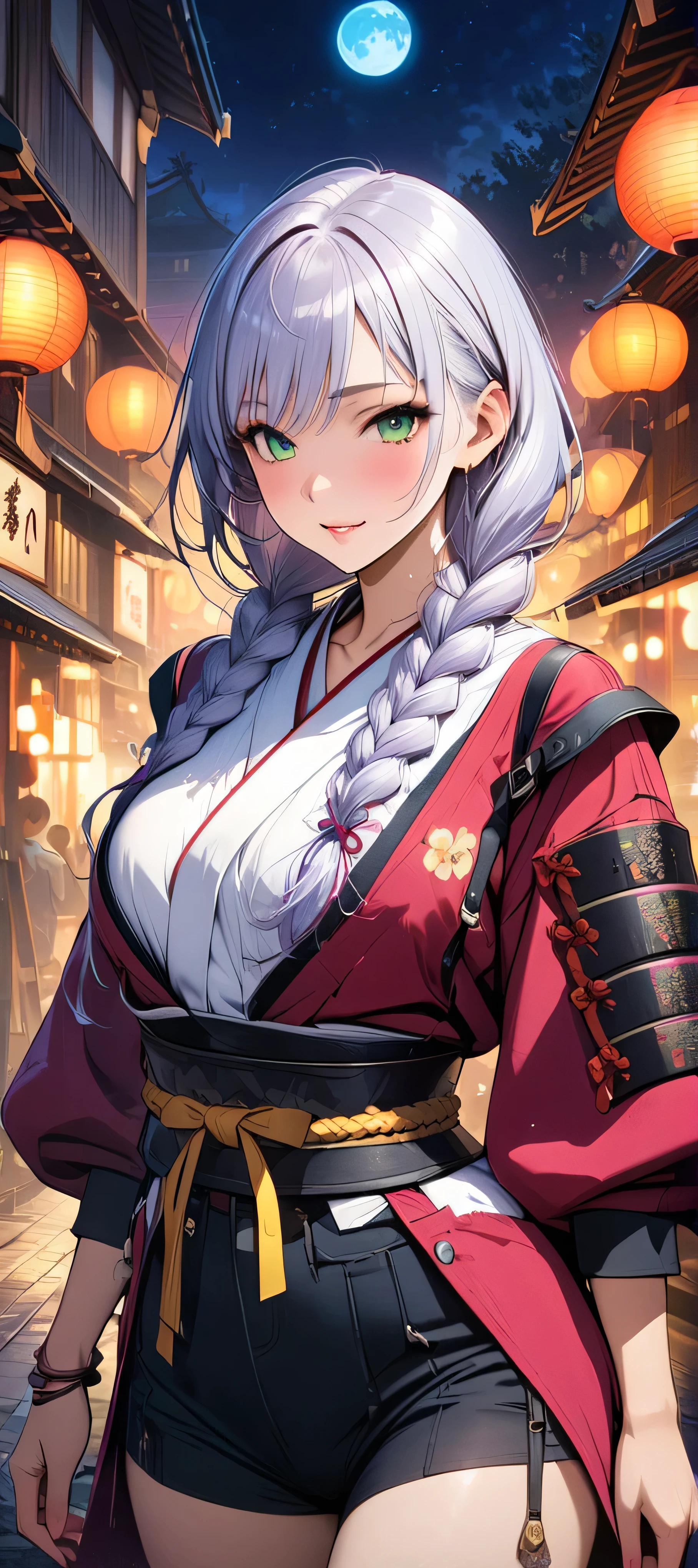 (masutepiece, of the highest quality, Best Quality, Official art, Beautiful and aesthetic:1.2),  Extremely detailed,(Colorful:1.1),highest details, one arafed woman with braids white hair and pink tips  and green eyes, big breast, sfw, japanese armor, night, blue moon