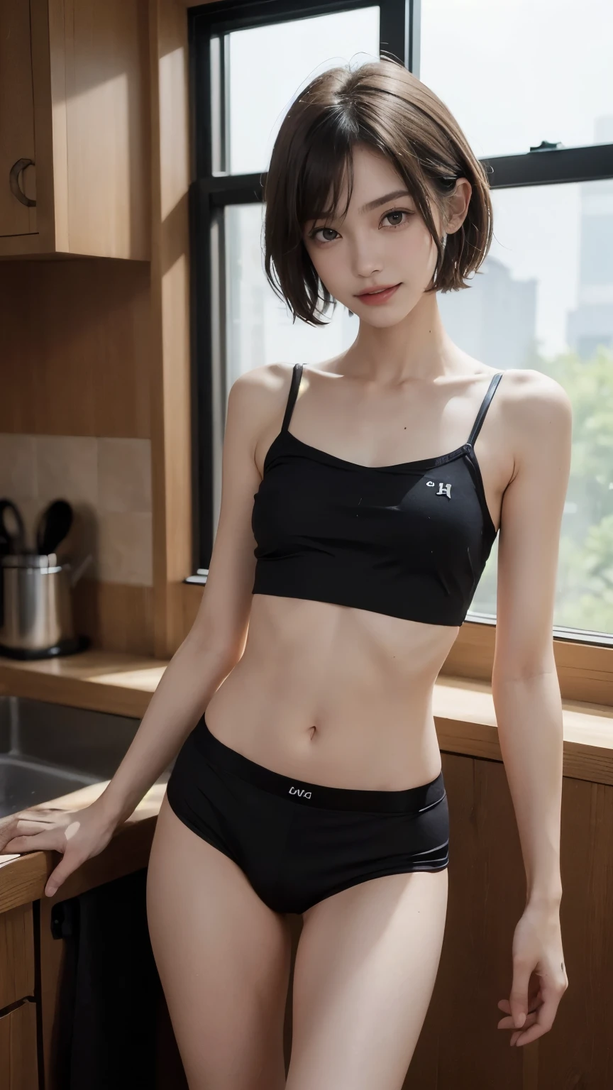 (ultra realistic, highly detailed:1.4), best quality, masterpiece
girl, tall asian woman, androgynous, gray tank top and panties, crouching, bedhead, flat chest, ((longtorso, ltso):1.4), tall
