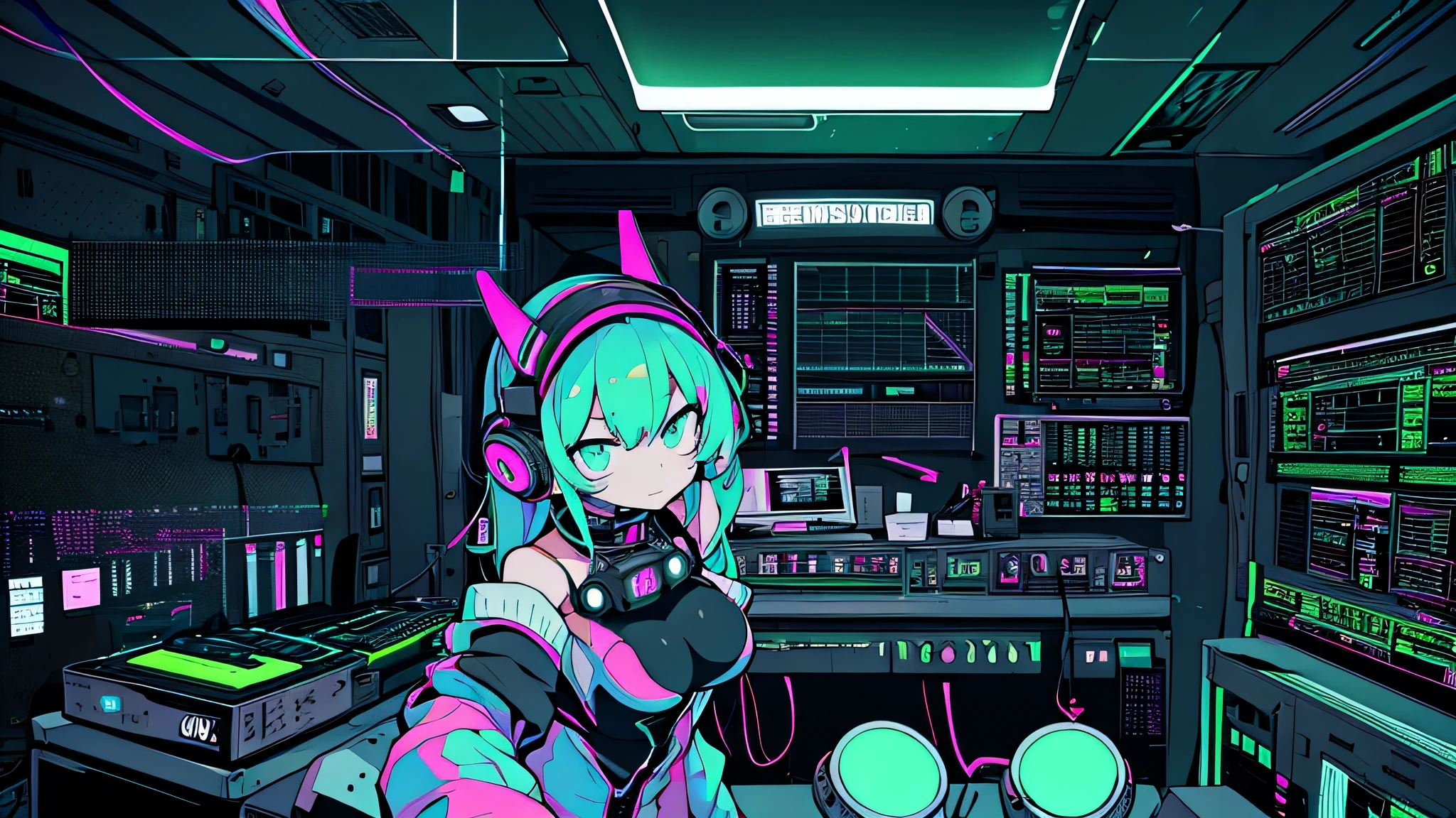 Best quality, (masterpiece:1.2), best detail face,1 girl, big breasts, 18 yo, 8k,absurdres,unity 8k wall paper,(extremely detailed:1.3), highest realistic, (headphones:1.1), (soft neon light:1.1), (floating hair:1.2), (psychedelic:1.2), Her room full of music equipment, loungewear, (((Roland TB-303 Synthesizer))), tight yoga wear, Looks listless, See the whole room, dark lighting and green color palette