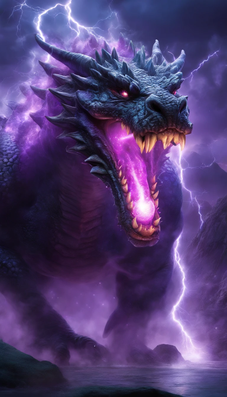 The giant thermal dragon opens its mouth, with ((big purple ball of light) in its mouth), looking at the front (close-up of head), water mist (purple), rocks, night (multiple lightning spots), whole body (multiple (where lightning strikes),,