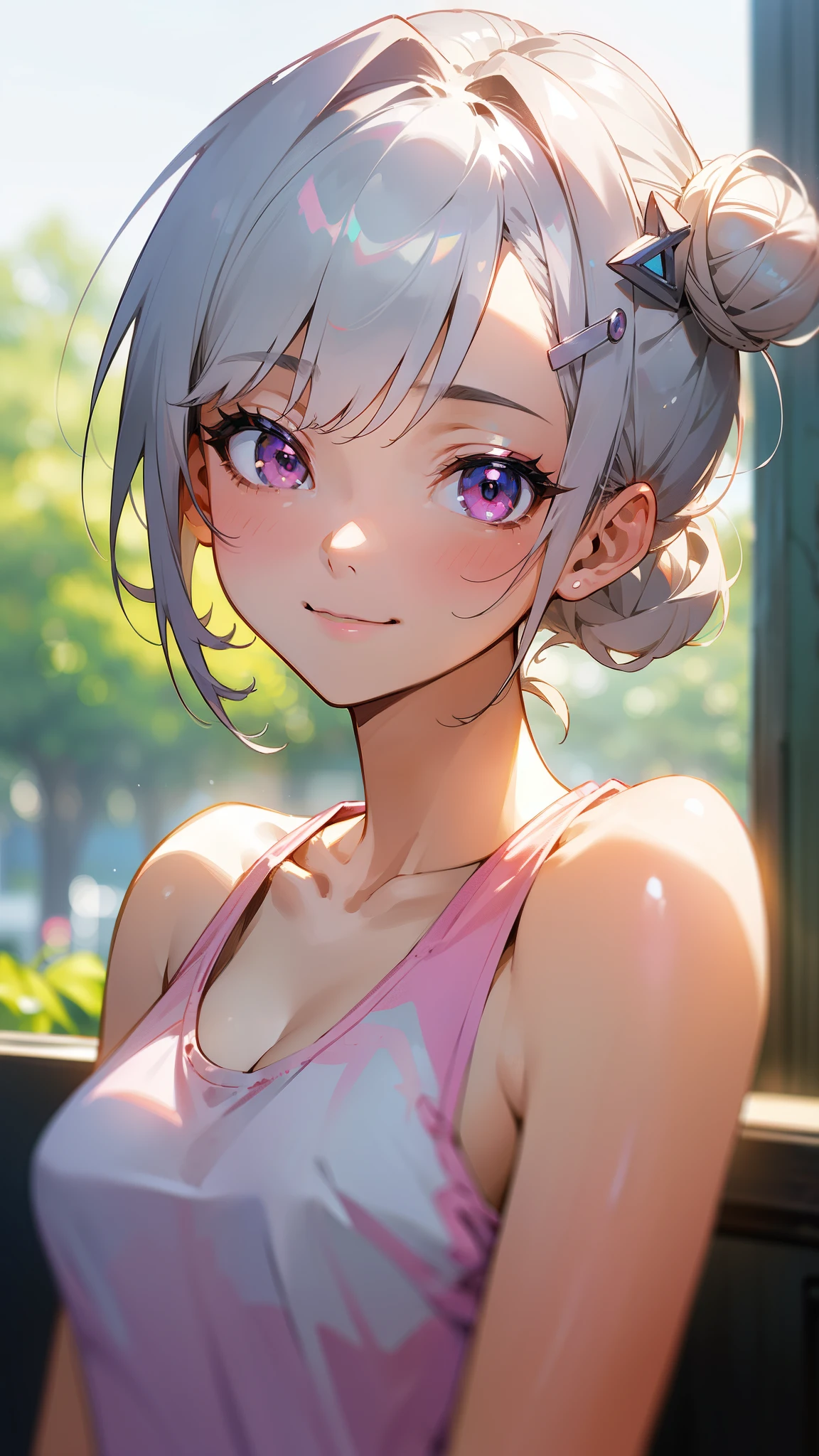 (masterpiece, highest quality)、Intricate details、8k、Sharp focus、(Bokeh) (highest quality) (Detailed skin:1.3) (Intricate details) (8k) (Fine grain) (anime)、Short silver bob hair tied in a bun with a hair clip, Pink Eyes、smile、really like、Pink and silver tank top、Upper body close-up、Morning Cafe Terrace、Upper body close-up、Side body、smile、smile、really like