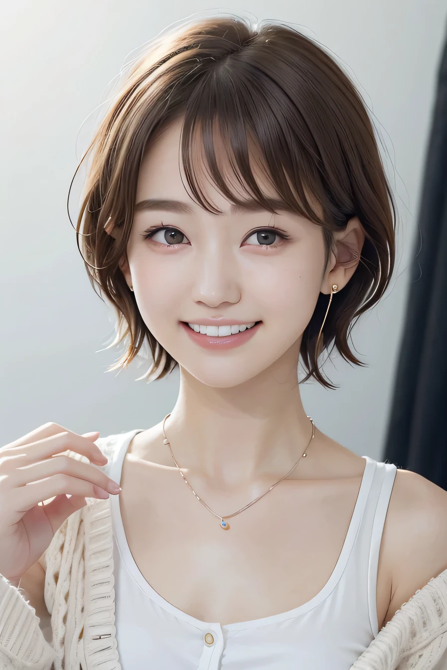 205 ((short hair)), 20-year-old female, In underwear、Put a cardigan over your shoulders、 A refreshing smile、Beautiful teeth alignment、Dark eyeliner、Dark brown hair、ear piercing、Necklace around the neck、Looking at the camera
