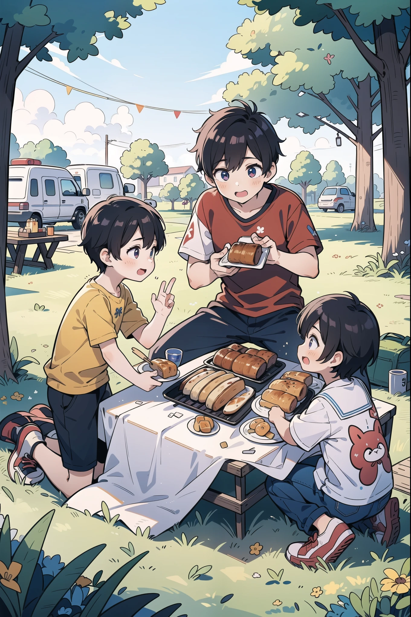 (5 boys watching and playing with each other), whole body (Laurie: 1.2), camping, picnicking, barbecue, barbecue, summer, flowers, evening, shoes, children's illustrations, masterpieces, best quality,