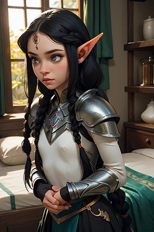 1 elf female,long silky black hair in braids,orelhas pontudas,olhos azuis, thin lips,rosto redondo,seios enormes, quadris largos,wearing light elven battle armor and always with a thin-bladed sword in his hands.estilo coquete e melindrosa ,dentro de um quarto rustico,sentada em uma cama olhando o espectador