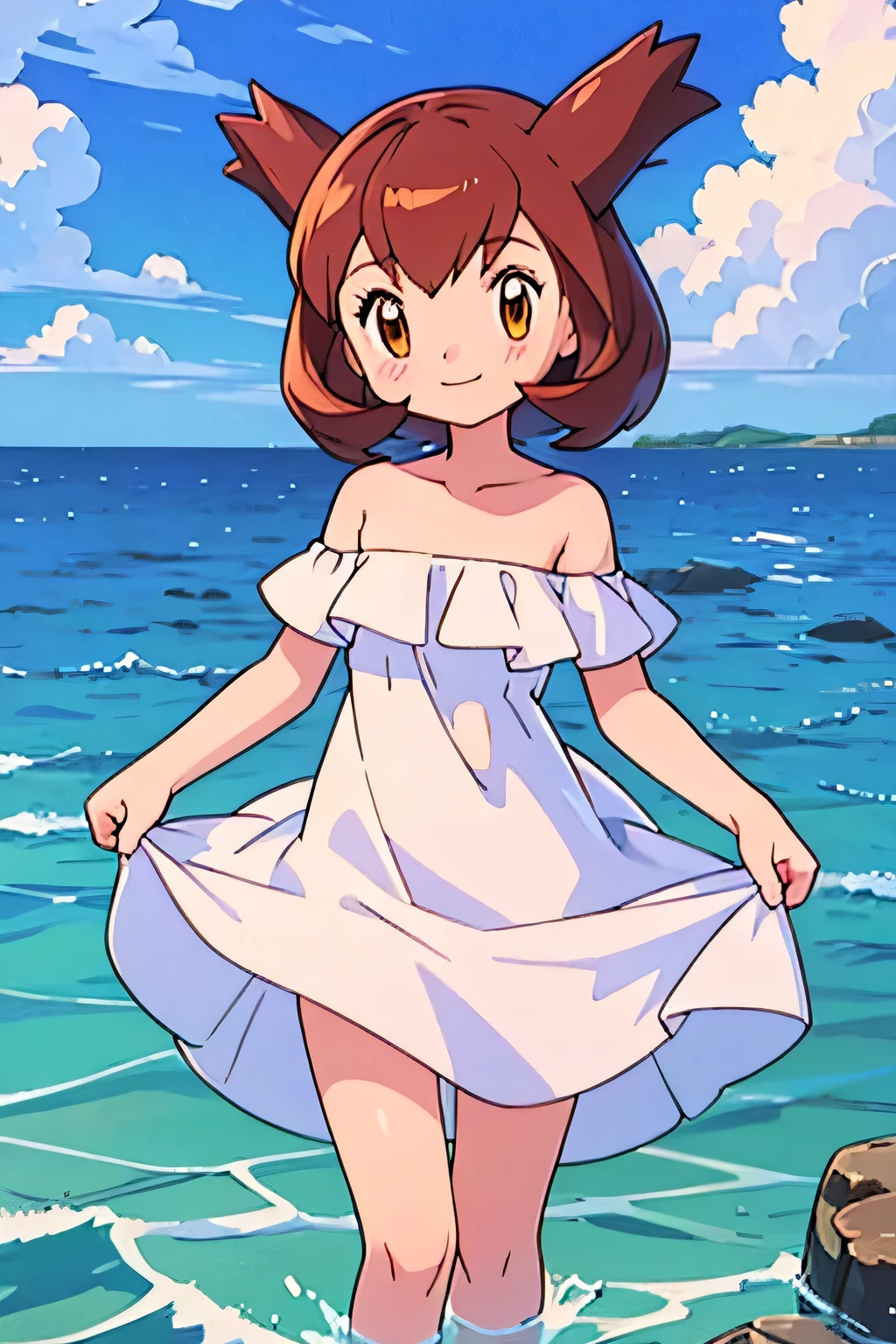 masterpiece, best quality, ultra-detailed, illustration, beautiful detailed eyes, very detailed illustration, cinematic lighting, 1 girl, solo, Pokemon Heroes (Bianca), Brown Hair, brown eyes, bare shoulders, strapless, off shoulders, white ruffle off the shoulder maxi dress, smile, standing in the water with bare feet, ocean, blue skies, clouds, cowboy shot, Looking at the viewers. anime style, ultra-detailed, hdr, far at the bottom, in the center, Close up