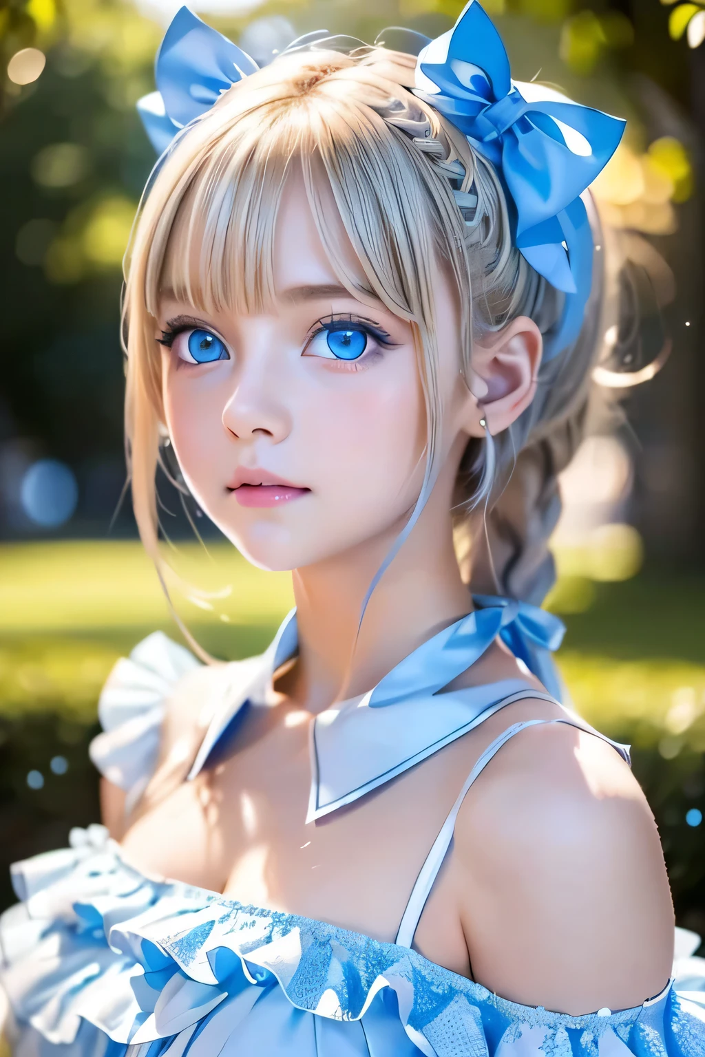 (Ultra-detailed), Cute light blue princess dress,(Frill dress),(Short sleeve),blue eyes,Upper Body、Close-up、face、Cute smile,Facing forward, 20-year-old, Teenage Girl,No tail,(No tail),2D, masterpiece, highest quality, And soul, Detailed Eyes, Big, bright, light blue eyes that shine beautifully、Detailed face, With a girl, Only one person,Blonde super long hair, (Blonde), Ear hair, , Single Blade, (Single Blade), (Side Blade), Pink ribbon, Ribbon on neck, (White sleeves), Background bokeh