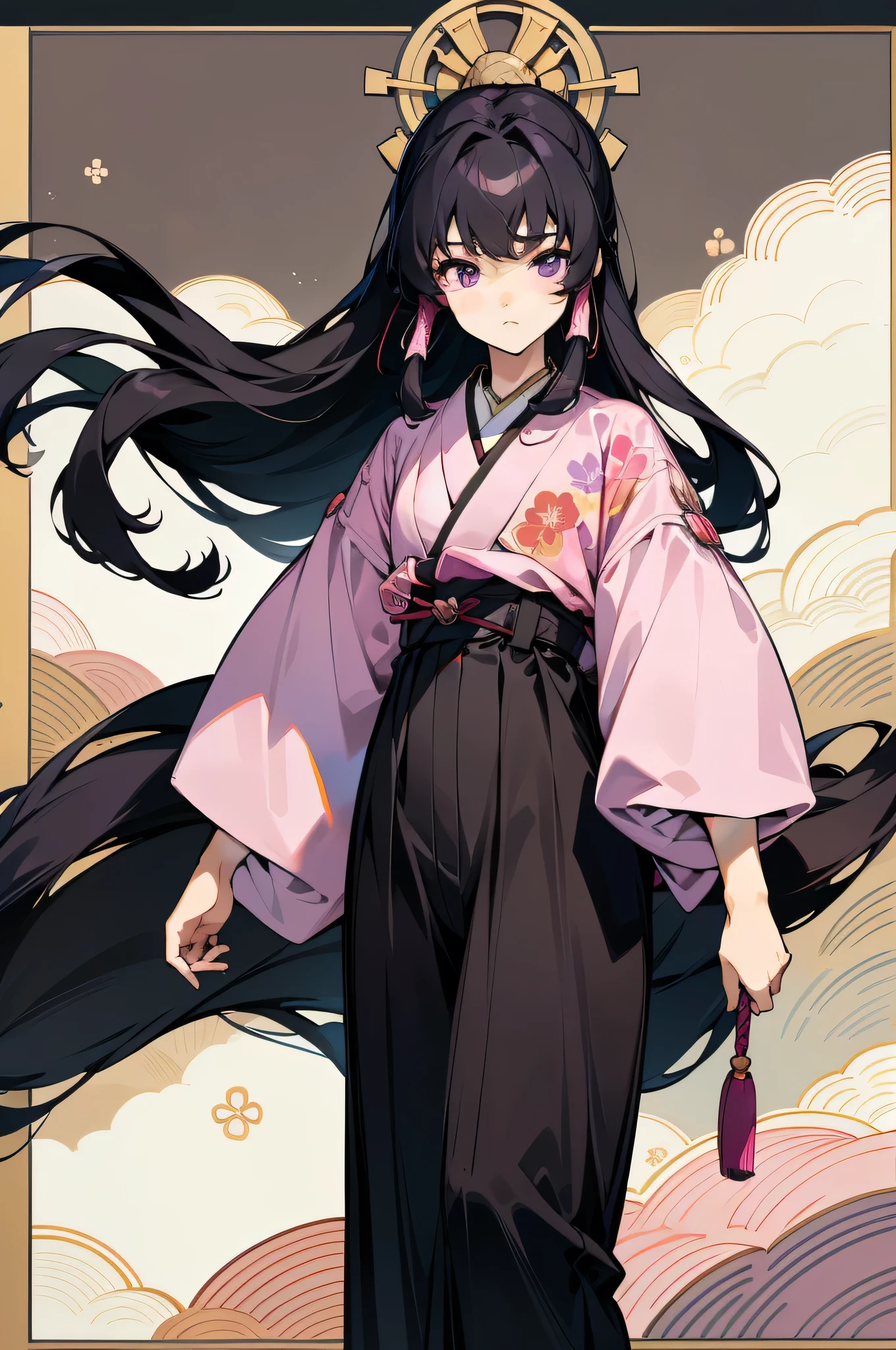 masterpiece,highest quality,Movie stills, High resolution,One girl,Black Hair,(Hair a little longer than shoulder length),(Bangs falling apart),Long sideburns,Purple eyes,Pink kimono,Black Skirt,(Tying a string belt),16 years old,(((Japanese style background))),Nikaido Misato,
