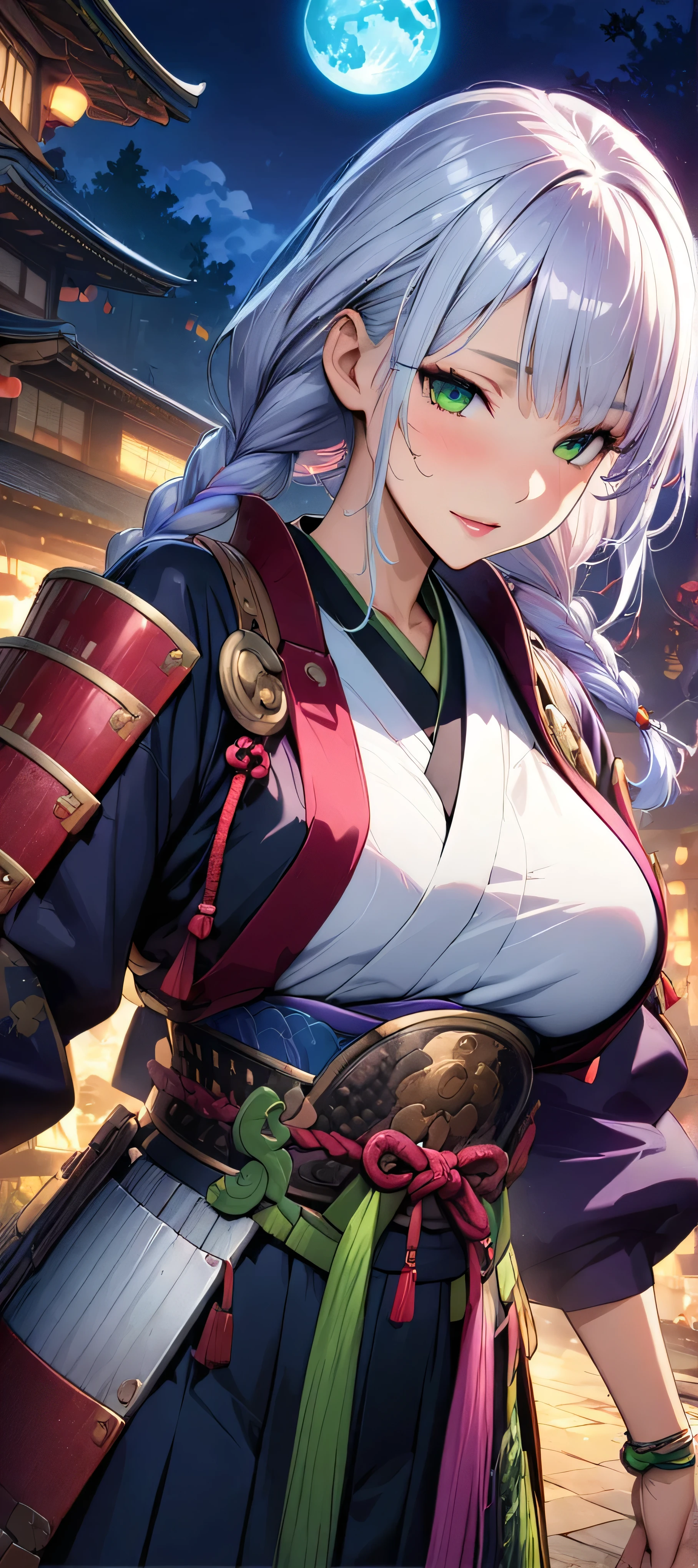 (masutepiece, of the highest quality, Best Quality, Official art, Beautiful and aesthetic:1.2), Extremely detailed,(Colorful:1.1),highest details, one arafed woman with braids white hair and pink tips and green eyes, big breast, sfw, japanese armor, night, blue moon