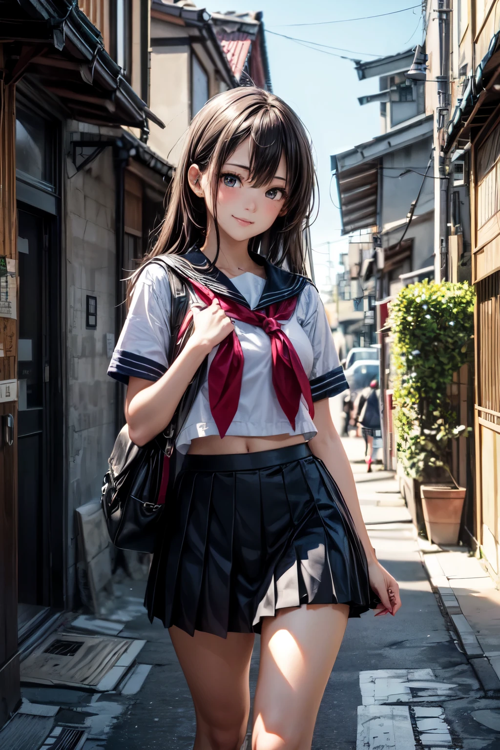 very cute and beautiful girl,(highly detailed beautiful face),(seductive smile:1.2),blush,looking at viewer,
black hair,serafuku,(pleated navyblue mini skirt),standing,holding school bag,
narrow alley in tokyo,stone wall in front of modern building,trees,shrubbery,
(best quality,masterpiece),absurdres,highres,ultra-detailed,extremely detailed,32k,8k resolution,
intricate details,cinematic scene,detailed background,solo,dynamic angle,