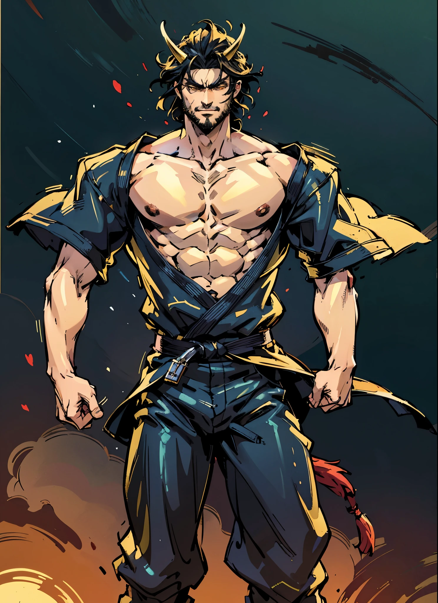 A middle-aged man with medium-length disheveled hair, a thick sideburn beard, wears an obsidian double-horned forehead protector, wild eyes, a confident smile, rugged features, a loose yellow robe in a fantasy martial arts style, an open collar revealing his muscular chest, a black cloth belt around his waist, loose flowing short sleeves, dark blue coarse cloth pants, standing atop a desolate mining hill under the scorching sun, his clothes flutter in the strong wind, this character embodies a finely crafted fantasy martial arts style monk in anime style, exquisite and mature manga art style, dramatic, high definition, best quality, highres, ultra-detailed, ultra-fine painting, extremely delicate, professional, perfect body proportions, golden ratio, anatomically correct, symmetrical face, extremely detailed eyes and face, high quality eyes, creativity, RAW photo, UHD, 32k, Natural light, cinematic lighting, masterpiece-anatomy-perfect, masterpiece:1.5