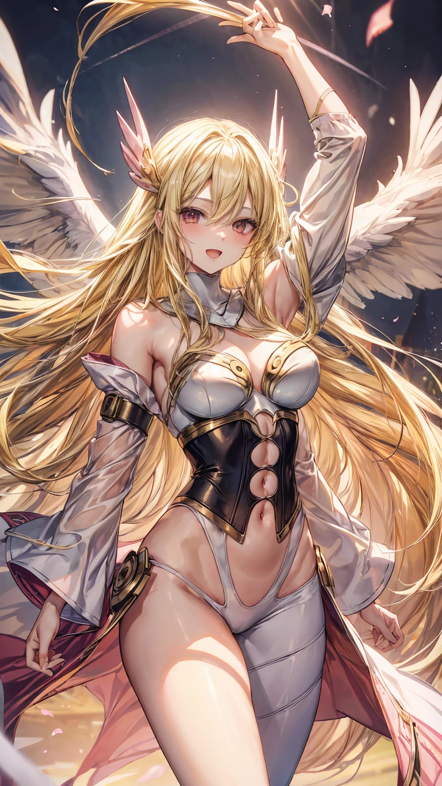 masterpiece, best quality, solo, 1girl, blonde-hair, wings, thighhighs, (very-long-hair), smile, wide-sleeves, navel, hair-ornament, blush, looking-at-viewer, detached-sleeves, open-mouth, frills, outstretched-arms, black-thighhighs, dress, oragen-eyes, half-closed-eyes, long-sleeves, bangs, breasts, center-opening, standing, angel-wings, white-wings, garter-straps, flower, parted-lips, bare-shoulders, navel-cutout
