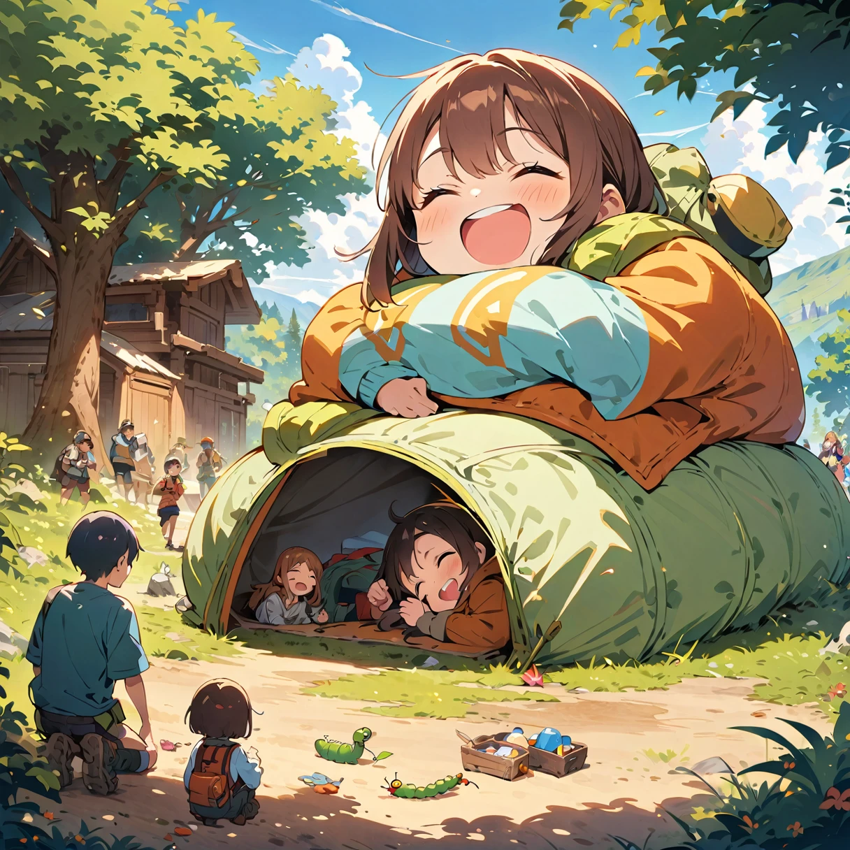 highest quality, masterpiece, Highly detailed background, anime character, A lively camp scene, Group of 3, Earth-toned camping gear, Laughing, (Sleeping bag, enter, wear), Play with worms, A caterpillar with a girl&#39;s face, Forest groves and grassland,