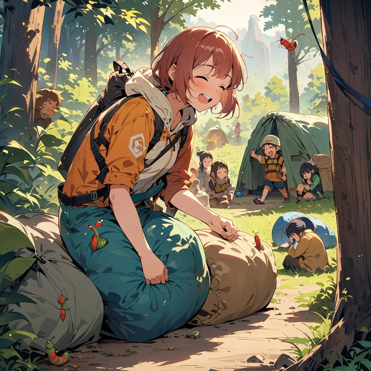 highest quality, masterpiece, Highly detailed background, anime character, A lively camp scene, Group of 3, Earth-toned camping gear, Laughing, (Sleeping bag, enter, wear), Play with worms, A caterpillar with a girl&#39;s face, Forest groves and grassland,