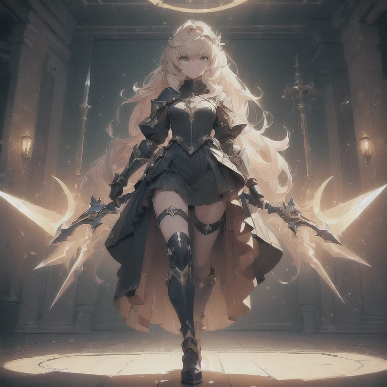 Design a layout showcase Gaming character, (1girl). Black+Gold clothes, opulent and dark, ((showcase weapon:1.4)), cursed blade, (masterpiece:1.2), (best quality), 4k, ultra-detailed, (Step by step design, layout art:1.5), (gloomy lighting, cursed atmosphere), dark knight, ((cursed gloves)), (((revealing armor:1.3))), dark vambraces, cursed boots, (((full_body_shot:1.4)))