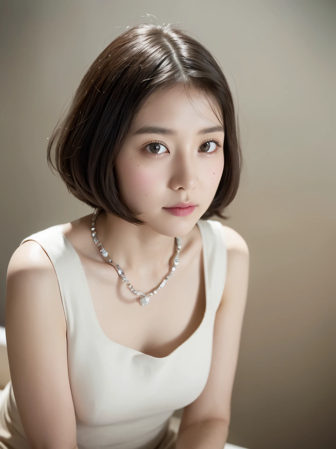 (highest quality、8k、32k、masterpiece、Hmph:1.2)、Cute Japanese Women Photos、Very short bob hair、Upper Body、necklace、Shooting from above、Don&#39;Don&#39;Don&#39;Don&#39;t look at the audience、(Realistic、Photorealistic:1.37)、1 girl、Photographed in natural light、Physically Based Rendering、Excellent image quality、High resolution、1080p、(Detailed facial depiction)、(Detailed description of the hands)、(Detailed CG)、Rich details、(exquisite features)、(Best image quality)、(masterpiece)、(Fine Eyes)、Delicate clavicle、Various poses、profile、White wall、In front of a white door、(窓のあるWhite wallの部屋)、Earrings、Laughter、Spring Clothes、 Shortcuts、short hair、((White blouse))