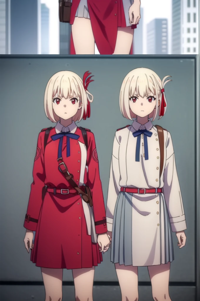 chisatonishikigi, Chisato Nishikigi, vtuber-fullbody,Standing in front of the viewer、short hair, bangs, Blonde Hair, (Red eyes:1.5), hair ribbon, One side up, Bobcut,
break shirt, Long sleeve, dress, ribbon, White shirt, Collared shirt, belt, neck ribbon, red dress, blue ribbon, pleated dress, grey dress, two-tone dress, red belt, Uniform sake,
break outdoors, city,
break looking at viewer, (Cowboy Shot:1.5),
break (masterpiece:1.2), highest quality, High resolution, unity 8k wallpaper, (figure:0.8), (Beautiful fine details:1.6), Highly detailed face, Perfect lighting, Highly detailed CG, (Perfect hands, Perfect Anatomy),