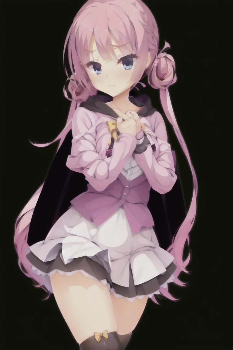 1girl,solo,long_hair,looking_at_viewer,blush,smile,bangs,blue_eyes,skirt,simple_background,hair_ornament,thighhighs,long_sleeves,white_background,bow,ribbon,twintails,closed_mouth,school_uniform,standing,collarbone,full_body,pink_hair,pleated_skirt,shoes,socks,hairclip,hand_up,cape,hand_on_hip,brown_footwear,white_skirt,single_thighhigh,asymmetrical_legwear,uneven_legwear,expensive_solve, clear_image, expensive_Contrast, 8k, Sparkling, beautiful_detailed_face_and_eye, (Pink Hair:1.25), 白 eye,Black background