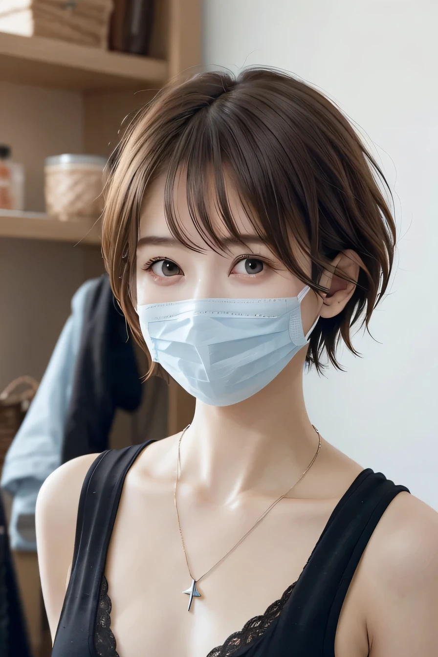 205 ((short hair)), 20-year-old female, In underwear、Put a cardigan over your shoulders、 Mask on mouth、Dark brown hair、ear piercing、Necklace around the neck、Looking at the camera