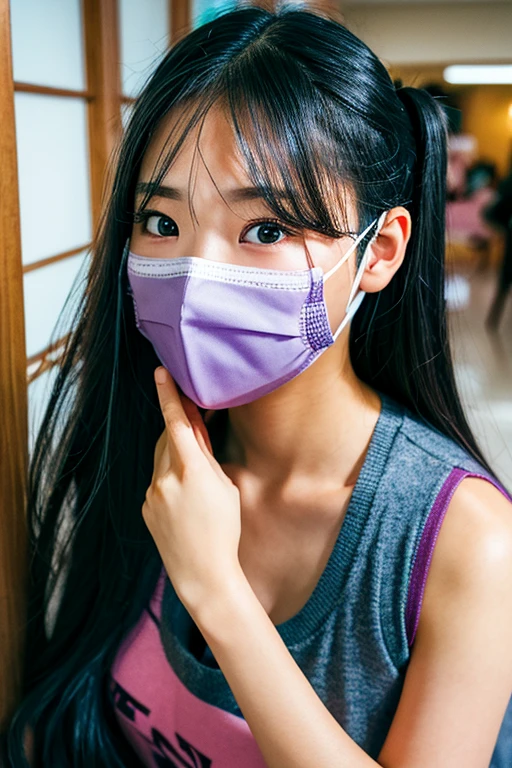 One girl, Gray Hair, Multicolored Hair, Purple eyes, Mask on head, Side light, Particles of light, wallpaper, Arm Up, sweating