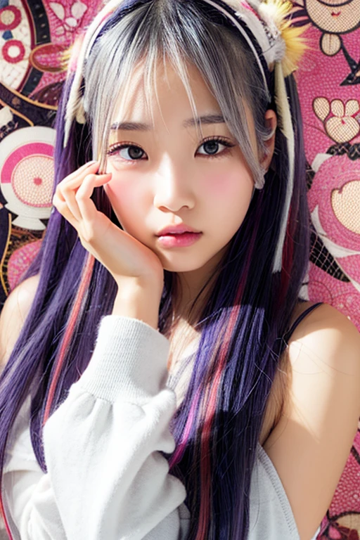 One girl, Gray Hair, Multicolored Hair, Purple eyes, Mask on head, Side light, Particles of light, wallpaper, Arm Up, sweating