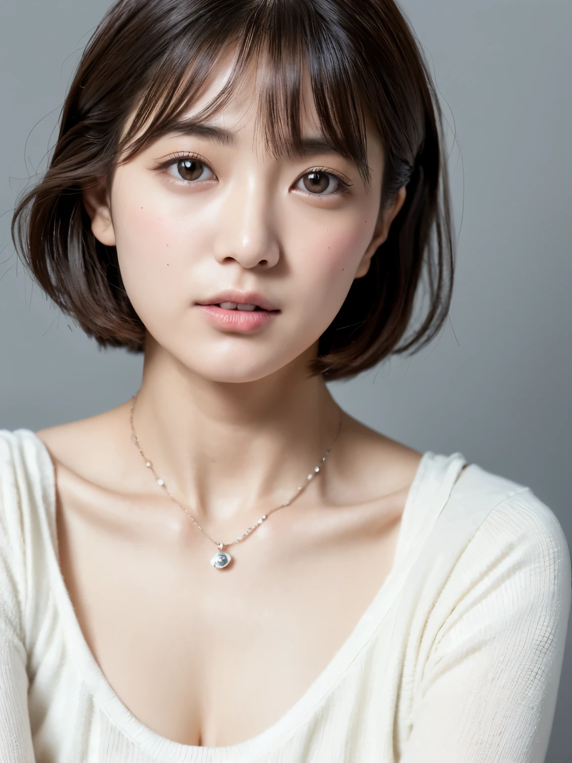 (highest quality、8k、32k、masterpiece、Hmph:1.2)、Cute Japanese Women Photos、Very short bob hair、Upper Body、necklace、Shooting from above、Don'Don'Don'Don't look at the audience、(Realistic、Photorealistic:1.37)、1 girl、Photographed in natural light、Physically Based Rendering、Excellent image quality、High resolution、1080p、(Detailed facial depiction)、(Detailed description of the hands)、(Detailed CG)、Rich details、(exquisite features)、(Best image quality)、(masterpiece)、(Fine Eyes)、Delicate clavicle、Various poses、profile、White wall、In front of a white door、(窓のあるWhite wallの部屋)、Earrings、Laughter、Spring Clothes、 Shortcuts、short hair、((White blouse))
