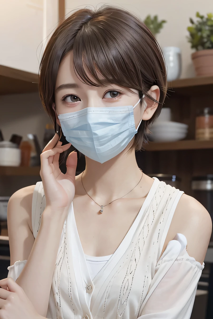 205 ((short hair)), 20-year-old female, In underwear、Put a cardigan over your shoulders、 Mask on mouth、Dark brown hair、ear piercing、Necklace around the neck、Looking at the camera