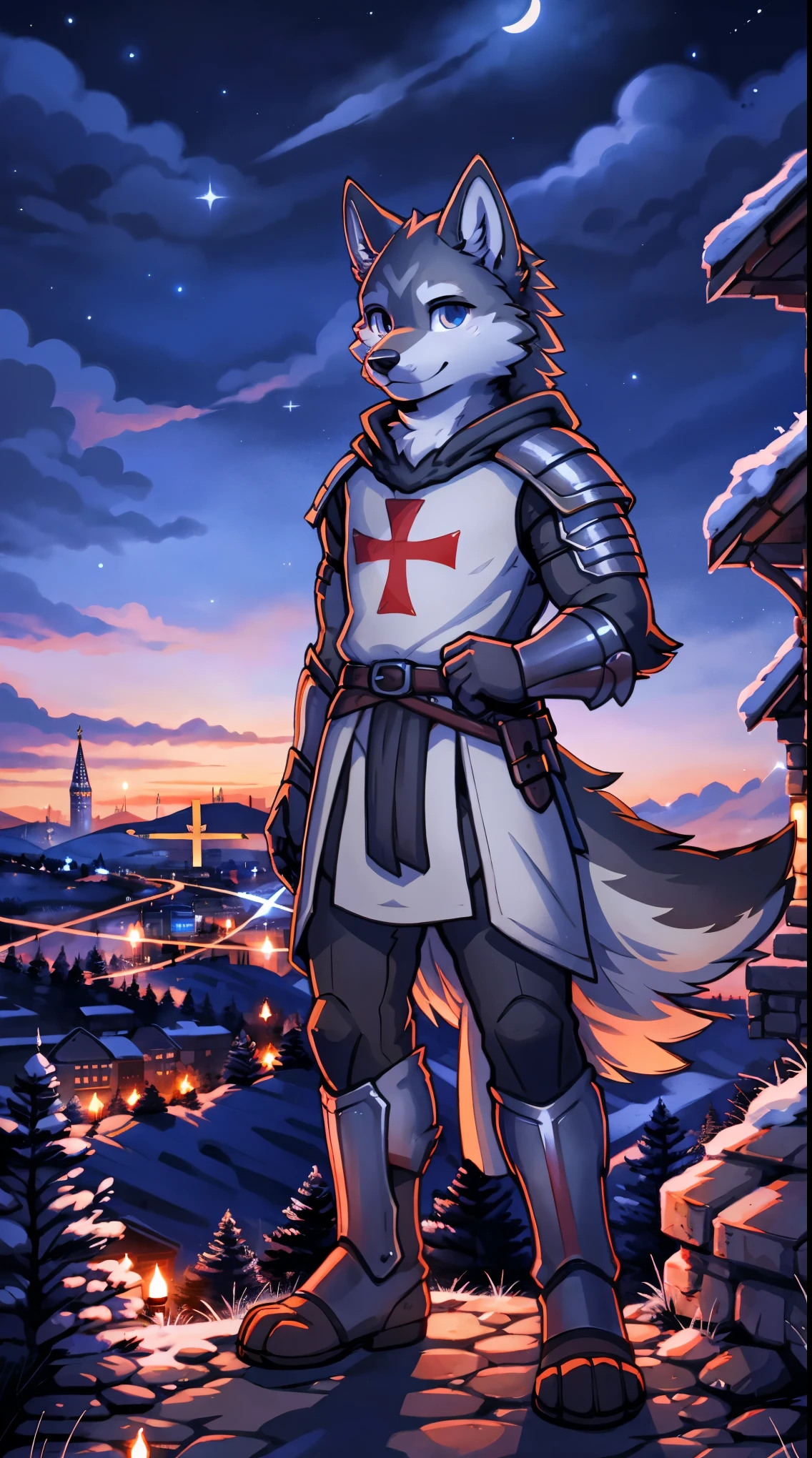 a full body, anthropomorphic grey wolf kid wearing a templar armor, wolf face, cute face, glossy fur, big fluffy neckfur, posing for a picture in a hill at night with a city in the distance