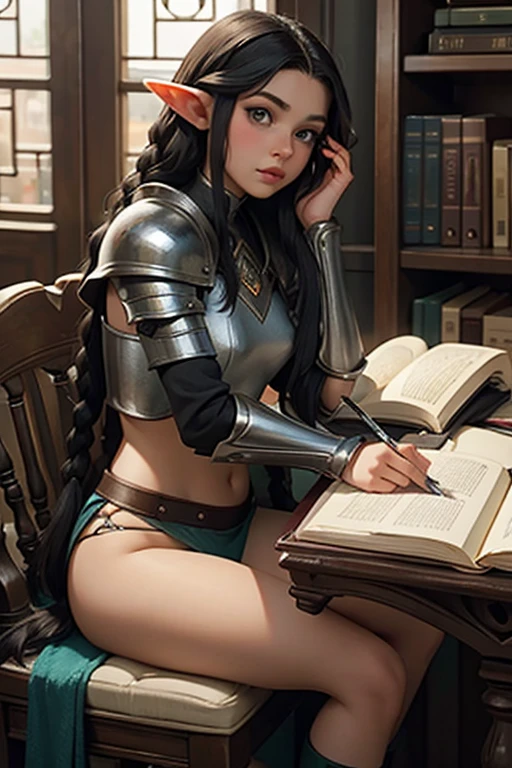 1 elf female,long silky black hair in braids,orelhas pontudas,olhos azuis, thin lips,rosto redondo,seios enormes, quadris largos,wearing light elven battle armor .estilo coquete e melindrosa ,na biblioteca sentada estudando com varios livros na mesa olhando o espectador