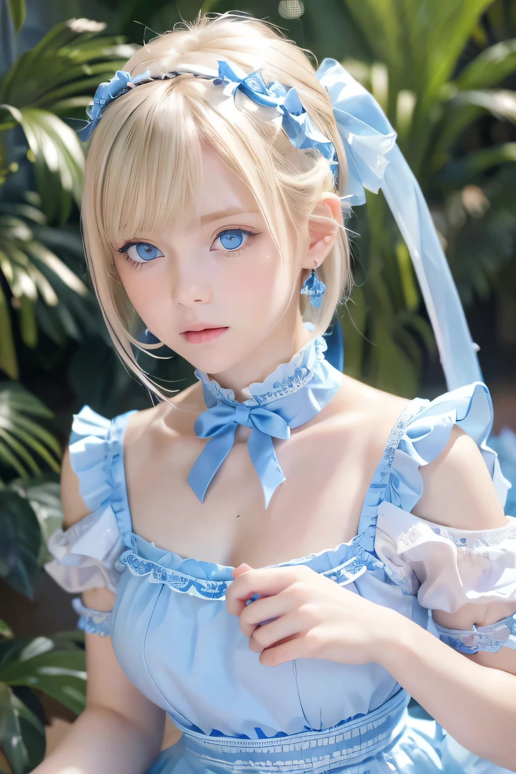 (Ultra-detailed), Cute light blue princess dress,(Frill dress),(Short sleeve),blue eyes,Upper Body、Close-up、face、Cute smile,Facing forward, 20-year-old, Teenage Girl,No tail,(No tail),2D, masterpiece, highest quality, And soul, Detailed Eyes, Big, bright, light blue eyes that shine beautifully、Detailed face, With a girl, Only one person,Blonde super long hair, (Blonde),  Ear hair, , Single Blade, (Single Blade), (Side Blade), Pink ribbon, Ribbon on neck, (White sleeves), Background bokeh