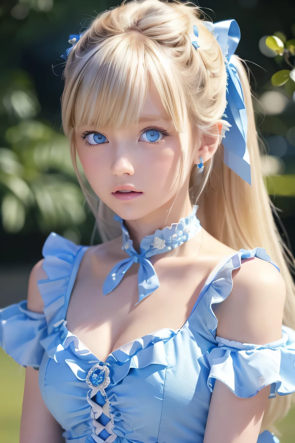 (Ultra-detailed), Cute light blue princess dress,(Frill dress),(Short sleeve),blue eyes,Upper Body、Close-up、face、Cute smile,Facing forward, 20-year-old, Teenage Girl,No tail,(No tail),2D, masterpiece, highest quality, And soul, Detailed Eyes, Big, bright, light blue eyes that shine beautifully、Detailed face, With a girl, Only one person,Blonde super long hair, (Blonde),  Ear hair, , Single Blade, (Single Blade), (Side Blade), Pink ribbon, Ribbon on neck, (White sleeves), Background bokeh