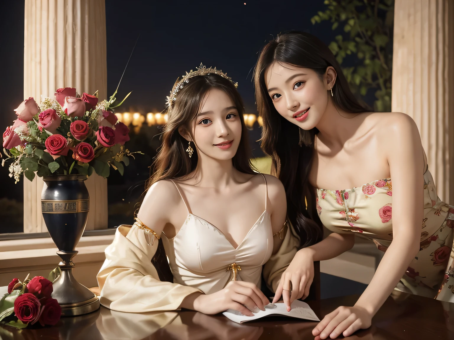 Giorgione painting style,Arguments of two female Philosophe,math、astronomical machine、astronaut、roses in vase、fruits、Cute trinkets、smile、ancient greek costume、Background is a forest lake at night 、Clothes that stretch your shoulders、A big smile、beautiful bare skin、A detailed representation of the seducing woman throughout her body.